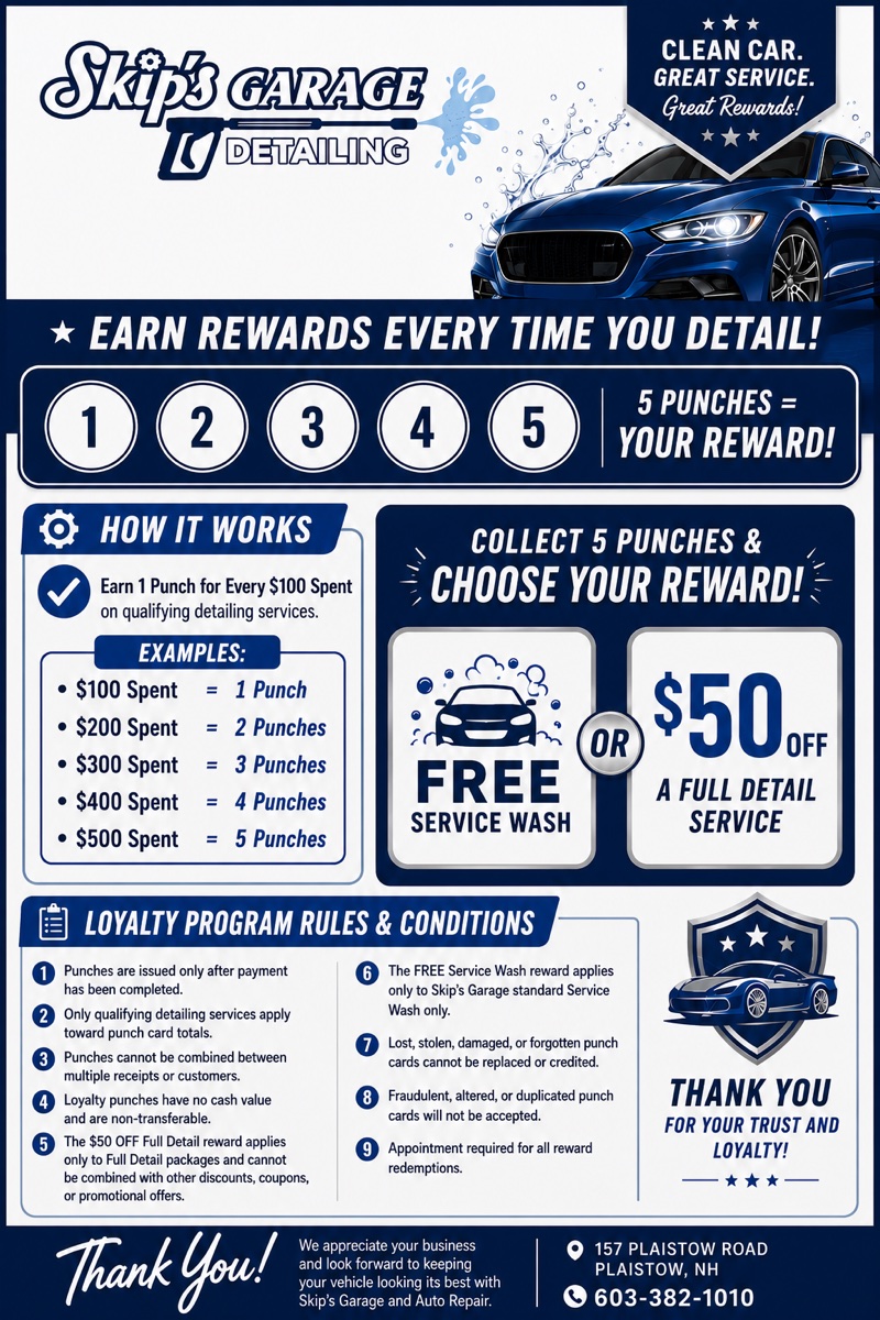 Skip's Garage detailing punch card rewards program explaining five punches for a free service wash or fifty dollars off a full detail