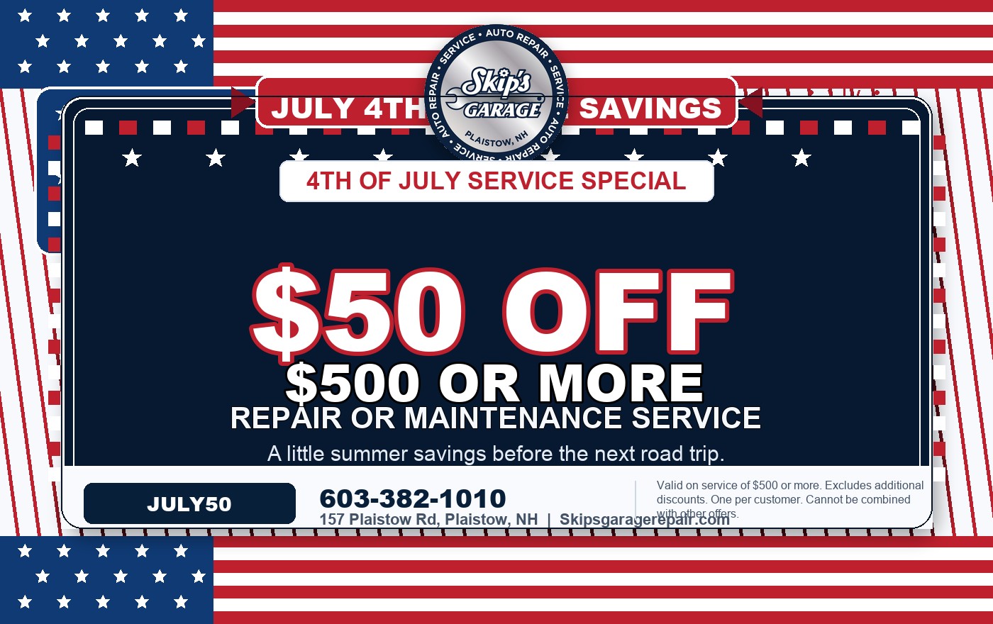 $50 OFF $500 Or More Service coupon for Skip's Garage