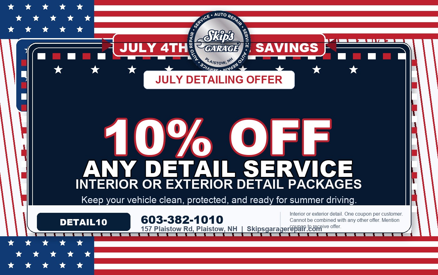 10% OFF Any Car Detail coupon for Skip's Garage