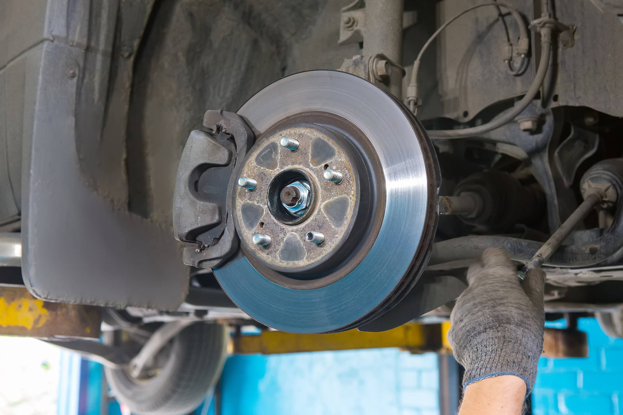 Car brake disc without wheels closeup